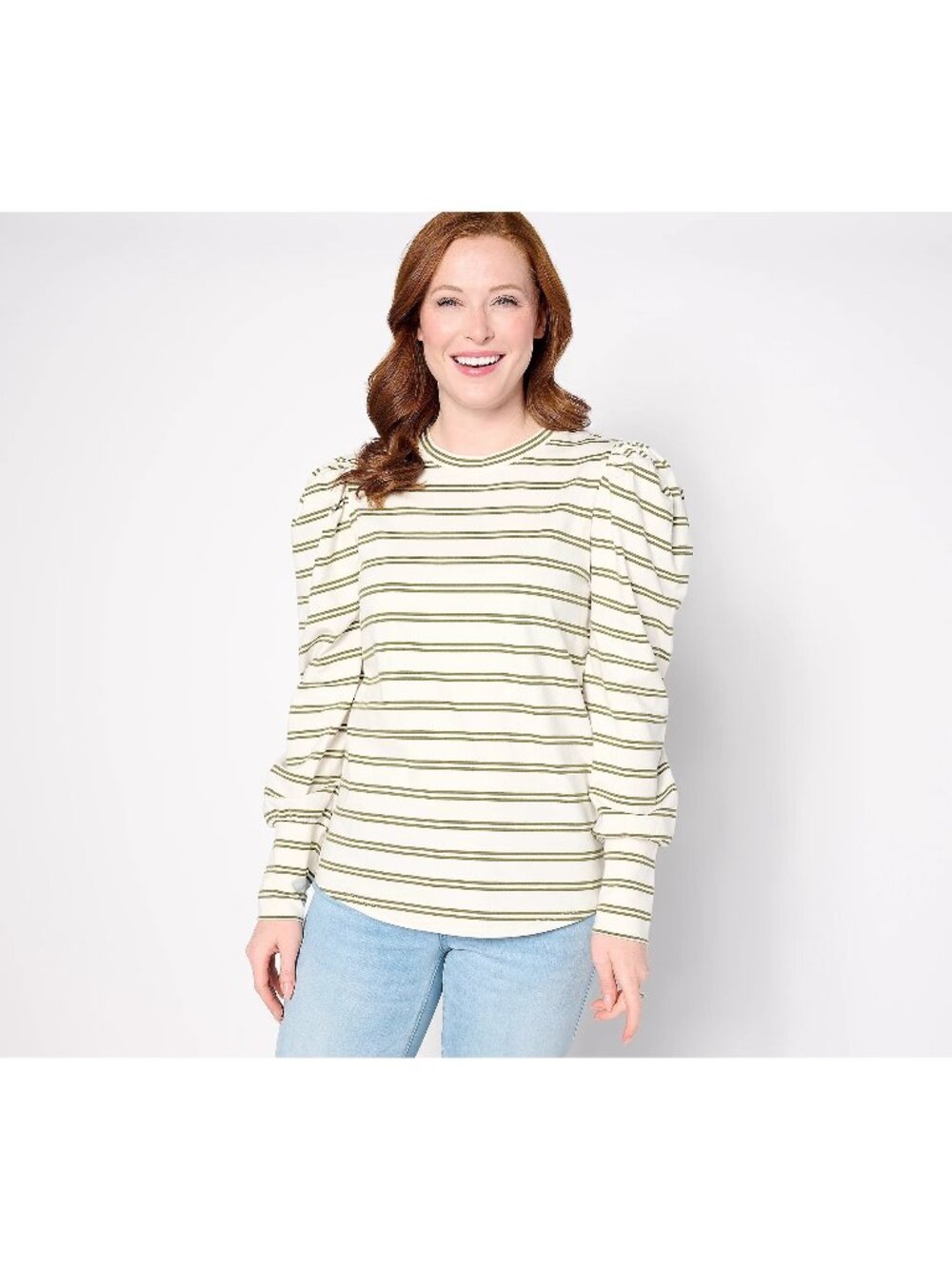 AnyBody Top Large Puff Sleeve Fashion Knit Olive Stripe White Green NEW